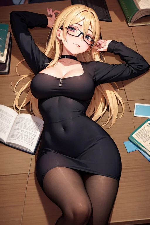 Chica de lentes, con vestido corto de color negro, parada acariciando su cuerpo, con senos grandes sacando la lengua en la biblioteca