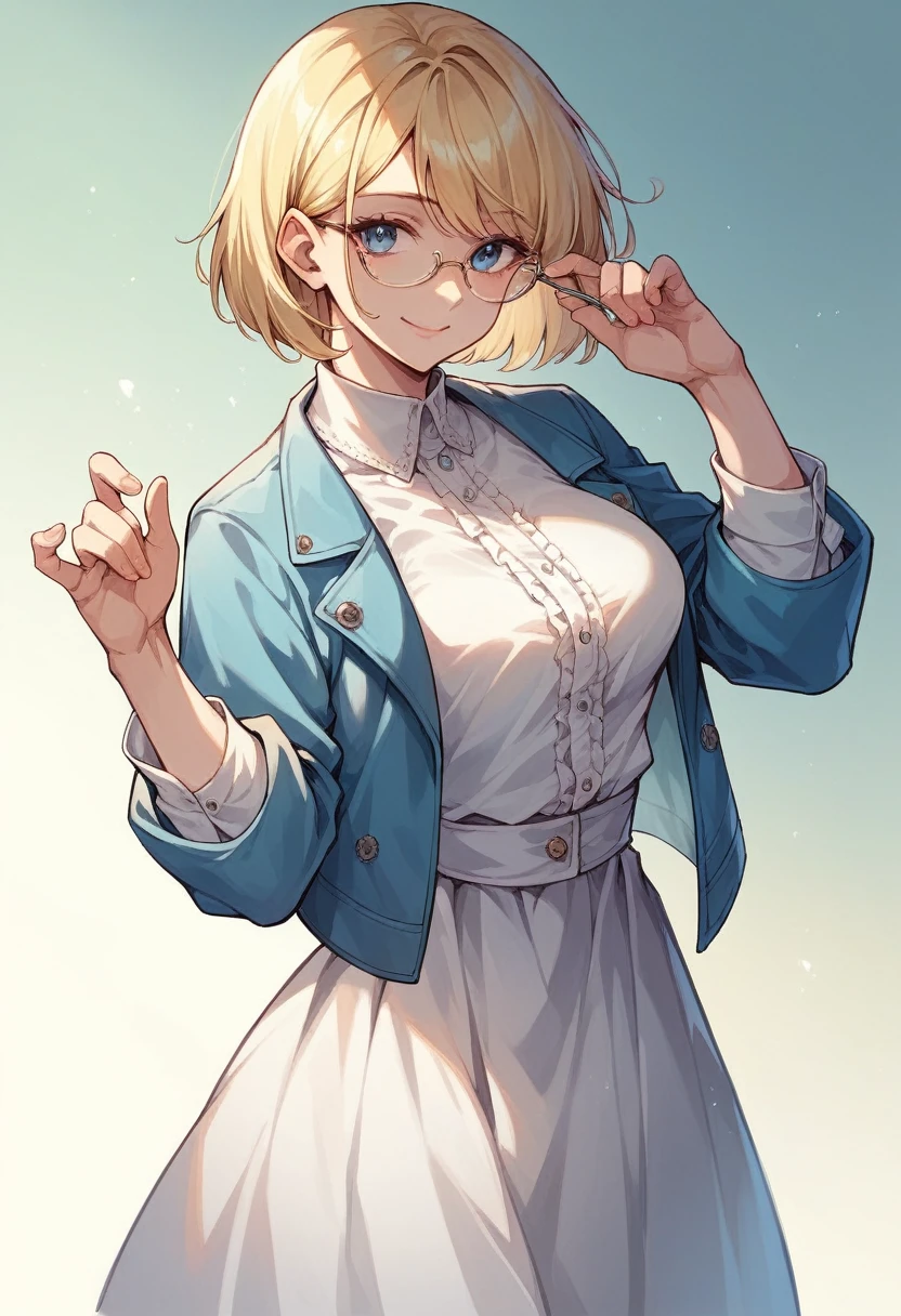 beautiful woman, full-bodied, standing, medium bob cut blonde hair, light blue eyes, two points glasses, medium breasts, blue opened jacket, white blouse, white long flare skirt, blue pumps, soft smile, perfect hands with 5 fingers,