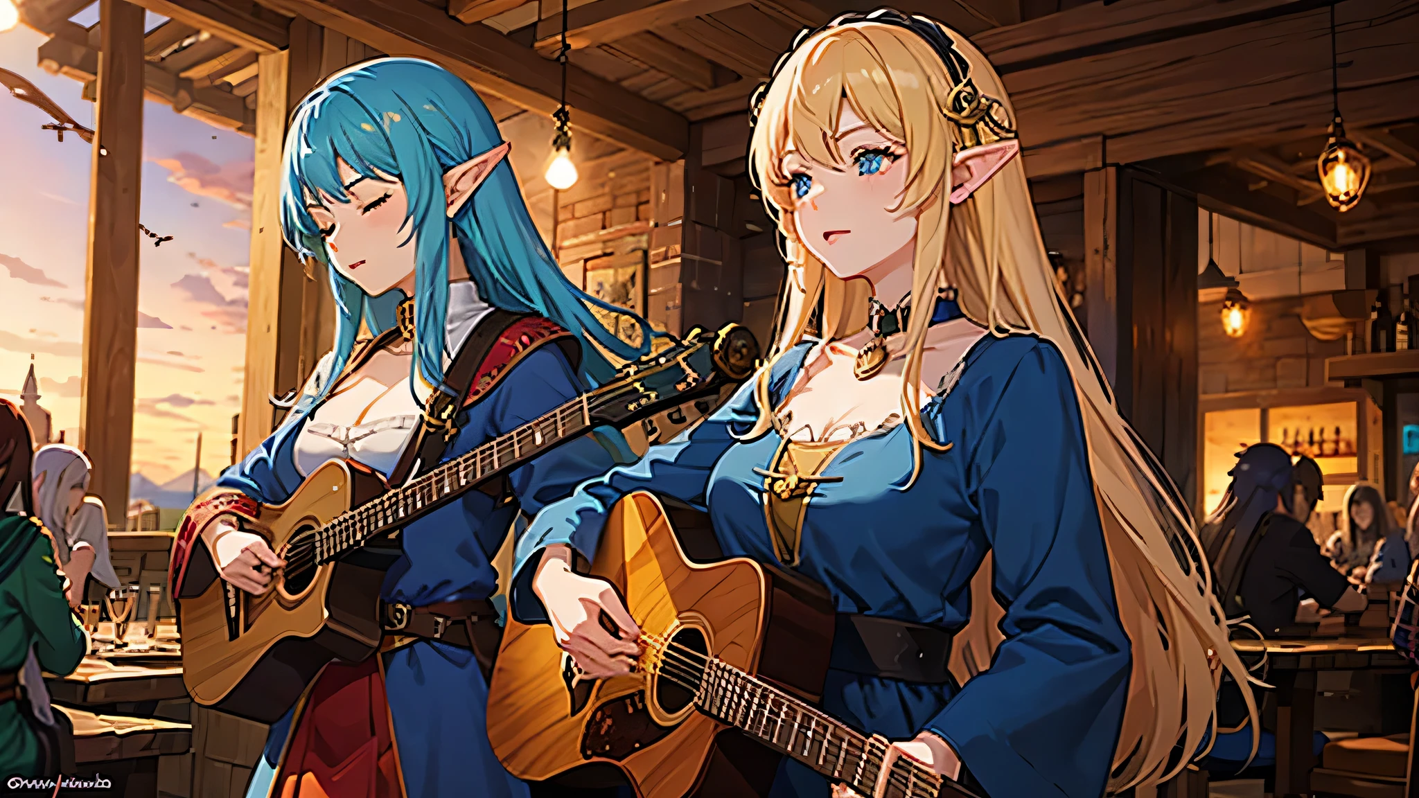 Anime Style,The medieval world,A lively bar with lots of people,Beautiful sky,Beautiful bard elf girl with closed eyes,guitar