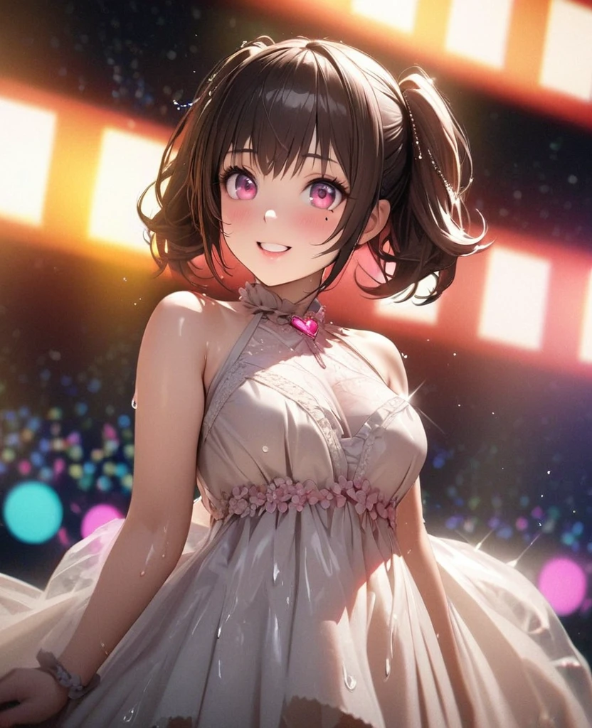 One Girl、Looking at the audience、lovely,
Beautiful pink eyes、short twin tail hair , Mole under the eye、Plump and glossy lips、Heart-shaped choca、Idol、Her name is Rico,smile、ー、。.。.。.。.。.。.。.。.。.。.。.。.。.。.。.。.。.。.3D、Realistic、
The idol's costume was soaked in the heavy rain, and her chest was wet and transparent.Heavy rain at outdoor concert, Drape clothes、gem、The decoration has been removed、Floral、Lace trim,On a glittering stage、
masterpiece、highest quality、8k、Detailed skin texture、Detailed cloth texture、Beautifully detailed face、Intricate details、Very detailed、
超A high resolution、8k Ultra HD、Film Grain、Best Shadow、delicate、Gazing at the audience、front