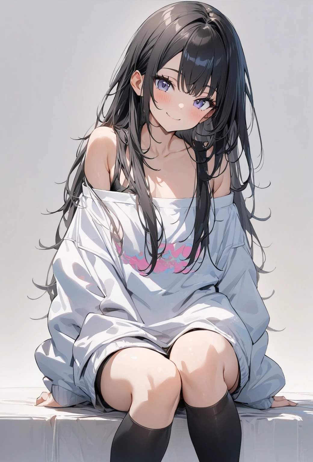 ((Highest quality)), ((masterpiece)), ((Very detailed)), (Very cute),A gentle-looking woman with black hair and a smile, about 165cm tall,A woman with long hair and a cute smile wearing a cool hoodie that exposes her shoulders, alone, Cute attitude,(background(bright),Long Hair - Straight,Knee-high socks、White off-the-shoulder hoodie with hood,White wall、Sitting、Facing the viewer、