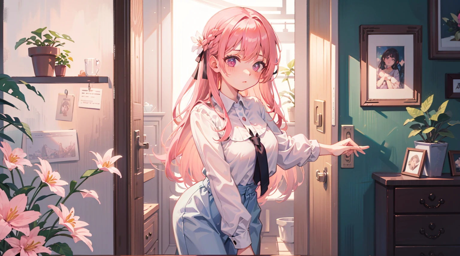 (Masterpiece), Best quality, Ultra-high resolution, detailed structure, Detailed architecture, (Warm pastel colors), indoor,Pink long hair girl standing outside the door, plant, Stamens, indoor,Entrance,Clear colors