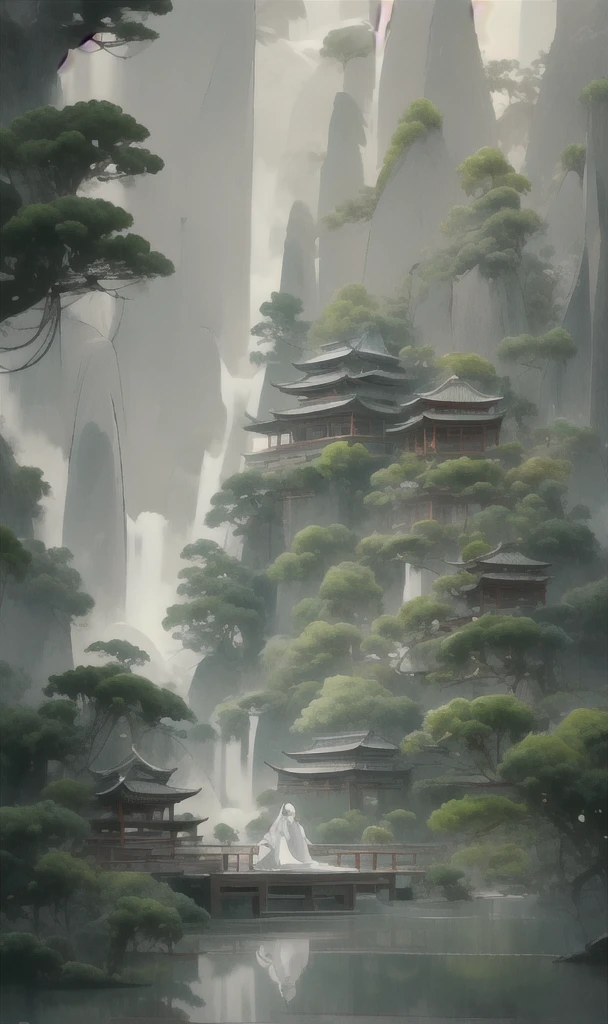 Painting in the style of oriental painting, matte painting style, Structured、Atmospheric landscape, Rich and immersive, Quietly meditate, Dark white and green, , inspired by zen, Massive，Rich in details, A little white dragon flies over the mountain, Dynamic, cinematic, amazing, actual lighting and shading, vivid, energetic, 8K,Octane Rendering, Unreal Engine, Very detailed, concept art, actual, Crying Engine, Wide angle shot long hair white hair east asian architecture building pagoda landscape pine tree outdoor bridge water reflection fog boat pond moss
