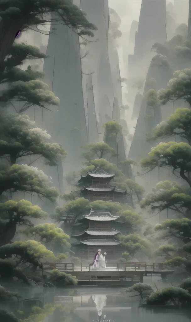 Painting in the style of oriental painting, matte painting style, Structured、Atmospheric landscape, Rich and immersive, Quietly meditate, Dark white and green, , inspired by zen, Massive，Rich in details, A little white dragon flies over the mountain, Dynamic, cinematic, amazing, actual lighting and shading, vivid, energetic, 8K,Octane Rendering, Unreal Engine, Very detailed, concept art, actual, Crying Engine, Wide angle shot long hair white hair east asian architecture building pagoda landscape pine tree outdoor bridge water reflection fog boat pond moss
