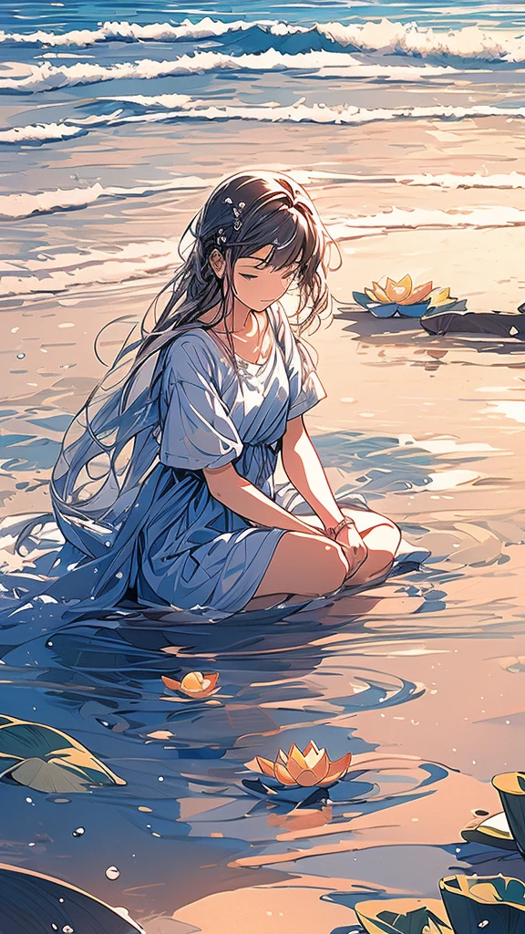 ((((High-res high-quality)), 1girl, smiling, sitting, (((lotus position, serene pose))), [minimal accessories]), water works, waves, ocean, sea, water effects, ((subtle water splash, gentle splashing), subtle yet detailed water, soft focus, natural light, outdoor, beach, sand, ((diffused sunlight))), high-waisted, flowing pants, elegant attire, contrast with blue water, ((soft focus on face))), 25 years old, relaxed posture, serene atmosphere, peaceful, ripple free water, ((no ripples))), gentle reflections, calm and peaceful, water's peace