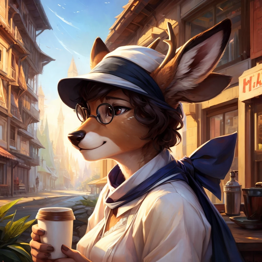 uploaded on e621, by Pixelsketcher, by Bayard Wu, by Thomas Benjamin Kennington , by Einshelm, by hioshiru and kenket, Chunie, portrait, solo anthro female deer doe, tiny featureless breasts, tiny breasts, clear dark blue, cinematic lighting, day, sunny day, sitting outside at a café, Cafe Background, french background, old french background, shiny, short curly dark brown hair, short hair, wears big black nerd glasses, very very beautiful furry art, furry art, thoughtful, shiny, feminine, cute face, muzzle, fluffy chest, flawless face, Fallow deer, 1girl, Sakimichan is beautiful, Masterpiece, Wavethesallow Face, shiny, Detailed image, portrait, Detailed image, portrait, wears pure white wide, big blouse, wears a black bandana headscarf hat, shiny, realistic face, perfect anatomy, hourglass body, anthropomorphic deer, happy, very happy, small ears, huge black nerd glasses, wide happy eyes, look daydreaming around, smiles, big smile, holds a cup of coffee, hourglass body, (furry body:1.1), anthropomorphic deer, drinks coffee, small fluffy tail, detailed background, (cute anatomy:1.1)