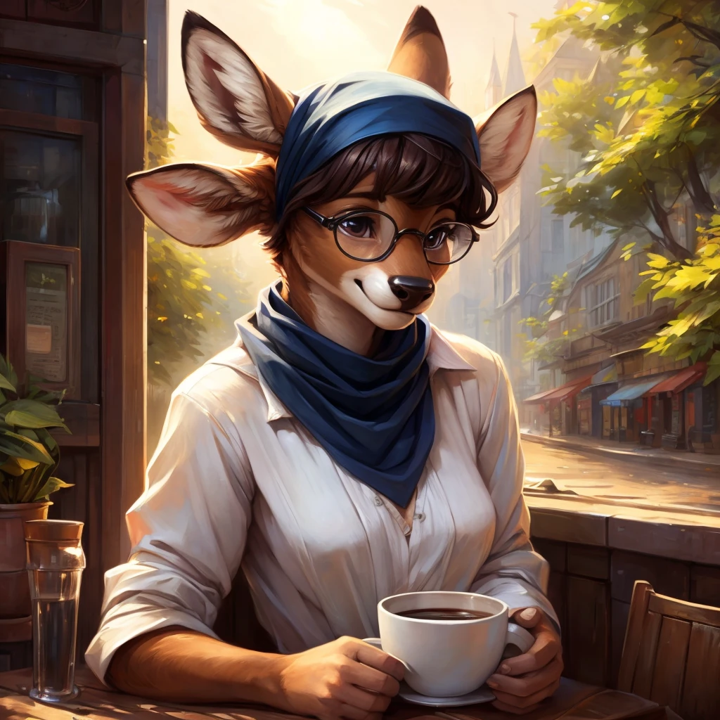 uploaded on e621, by Pixelsketcher, by Bayard Wu, by Thomas Benjamin Kennington , by Einshelm, by hioshiru and kenket, Chunie, portrait, solo anthro female deer doe, tiny featureless , tiny breasts dark blue, cinematic lighting, day, sunny day, sitting outside at a café, Cafe Background, french background, old french background, shiny, short curly dark brown hair, short hair, wears big black nerd very very beautiful furry art, furry art, thoughtful, shiny, feminine, cute face, muzzle, fluffy chest, flawless face, Fallow deer, 1girl, Sakimichan is beautiful, Masterpiece, Wavethesallow Face, shiny, Detailed image, portrait, Detailed image, portrait, wears pure white wide, big blouse, wears a black bandana headscarf hat, shiny, realistic face, perfect anatomy, hourglass body, anthropomorphic deer, happy, very happy, small ears, huge black nerd glasses, wide happy eyes, look daydreaming around, smiles, big smile, holds a cup of coffee, hourglass body, (furry body:1.1), anthropomorphic deer, drinks coffee, small fluffy tail, detailed background, (cute anatomy:1.1)