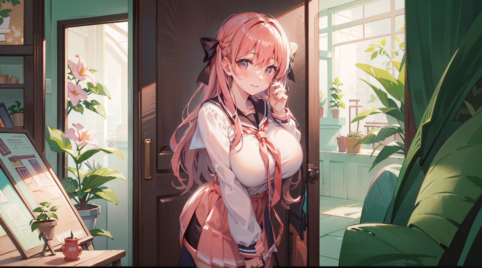 (Masterpiece), Best quality, Ultra-high resolution, detailed structure, Detailed architecture, (Warm pastel colors), indoor,A girl with pink hair stands shyly outside the door,Behind is the living room, plant, Stamens, indoor。Entrance