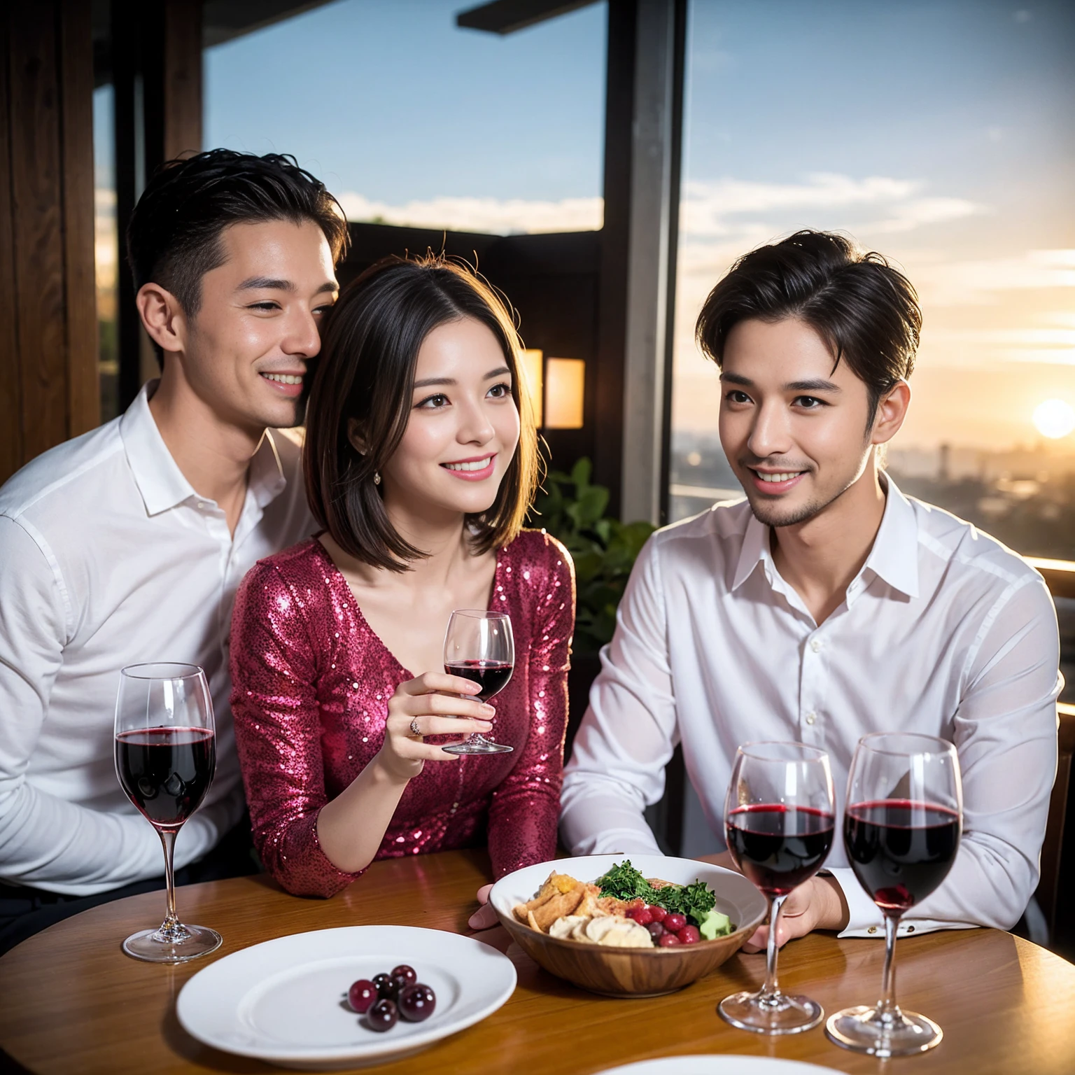 ((Highest quality、8k、masterpiece:1.3))、 (Genuineistic, Genuine、Bright image、Intricate details:1.2), Best smile 1 man 1 woman、Beautiful Couple、spouse、Couple、spouse、Beautiful Couple、Smile、A full-course dinner with a full table、テーブルにwine glass、 (Slim face), (The body is slim), (Brown Hair), (short hair), Please shine a light on my face、 Amazing view of the sunset sky and clouds、 (age 34), 39 years old, red wine 、Wine bottle、sparkling wine、Long sleeve shirt、dress、White wine, red wine, wine glass,