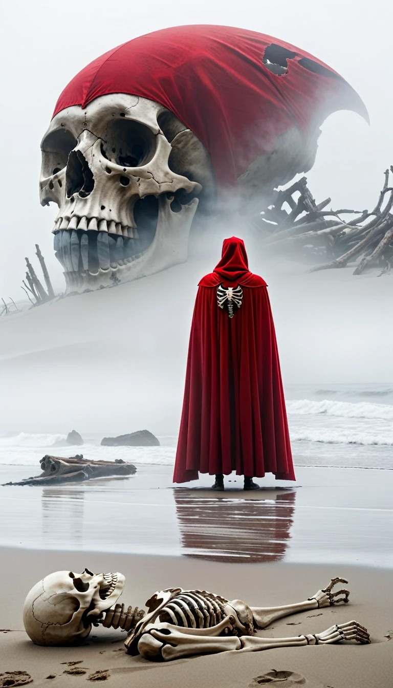 A foggy beach scene featuring huge human bones lying on the beach. The giant bones are decrepit and partially submerged in the sand. In the foreground, a figure in a red cape stands facing the skeleton, adding a sense of scale and mystery. The background is covered in thick fog, creating an eerie, otherworldly atmosphere.