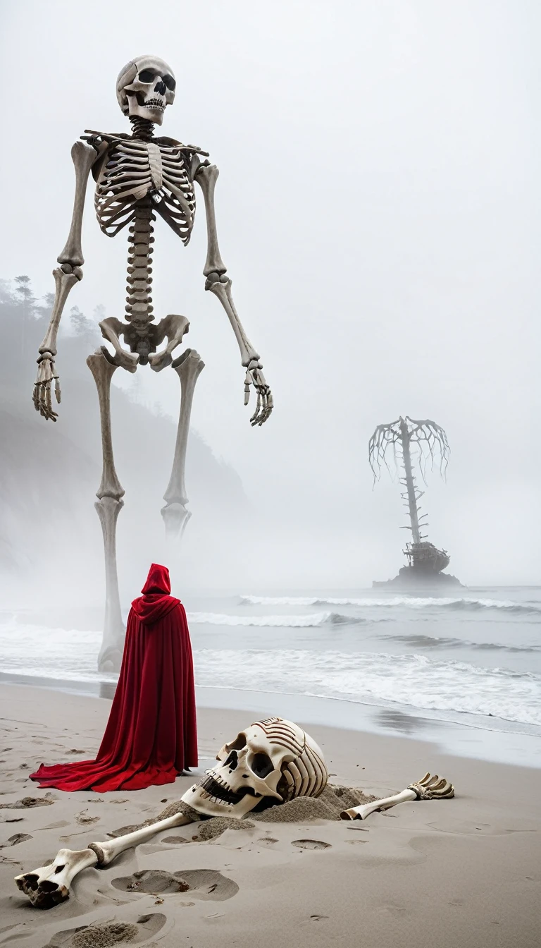 A foggy beach scene featuring huge human bones lying on the beach. The giant bones are decrepit and partially submerged in the sand. In the foreground, a figure in a red cape stands facing the skeleton, adding a sense of scale and mystery. The background is covered in thick fog, creating an eerie, otherworldly atmosphere.