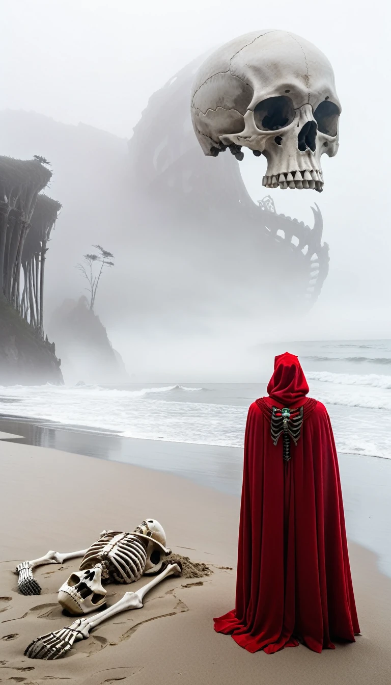 A foggy beach scene featuring huge human bones lying on the beach. The giant bones are decrepit and partially submerged in the sand. In the foreground, a figure in a red cape stands facing the skeleton, adding a sense of scale and mystery. The background is covered in thick fog, creating an eerie, otherworldly atmosphere.