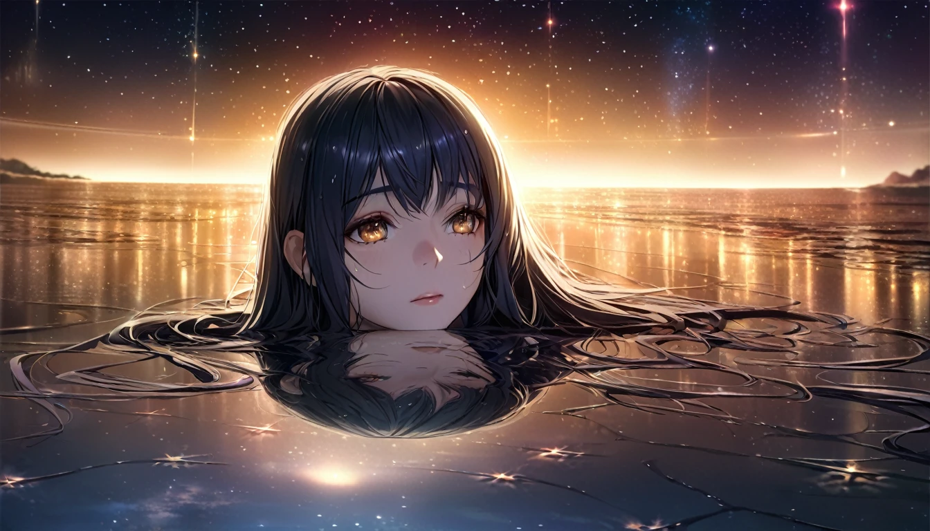 a beautiful detailed anime girl looking at the stars reflected in a puddle, long hair, detailed face, serene expression, night sky, glowing stars, soft lighting, highly detailed, 8k, ultra-realistic, photorealistic, masterpiece, dramatic colors, moody atmosphere