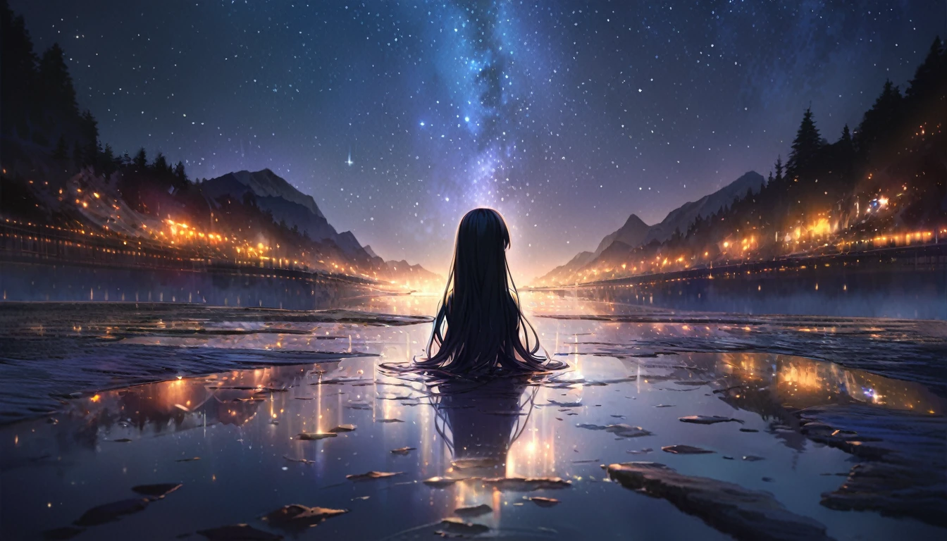 a beautiful detailed anime girl looking at the stars reflected in a puddle, long hair, detailed face, serene expression, night sky, glowing stars, soft lighting, highly detailed, 8k, ultra-realistic, photorealistic, masterpiece, dramatic colors, moody atmosphere