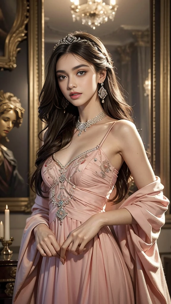 8K, ultra hd, masterpiece, best quality, a beautiful girl, long hair, impressive hairstyle, royal hair jewelry, jewellery earrings, antique jewellery, details eyes, beautiful eyes, meticulous makeup, thin eyebrows, beautiful lips, small breasts, royal dress, pink dress, strap dress, realistic colors, magic effect, epic scenery, epicness background, perfect body,