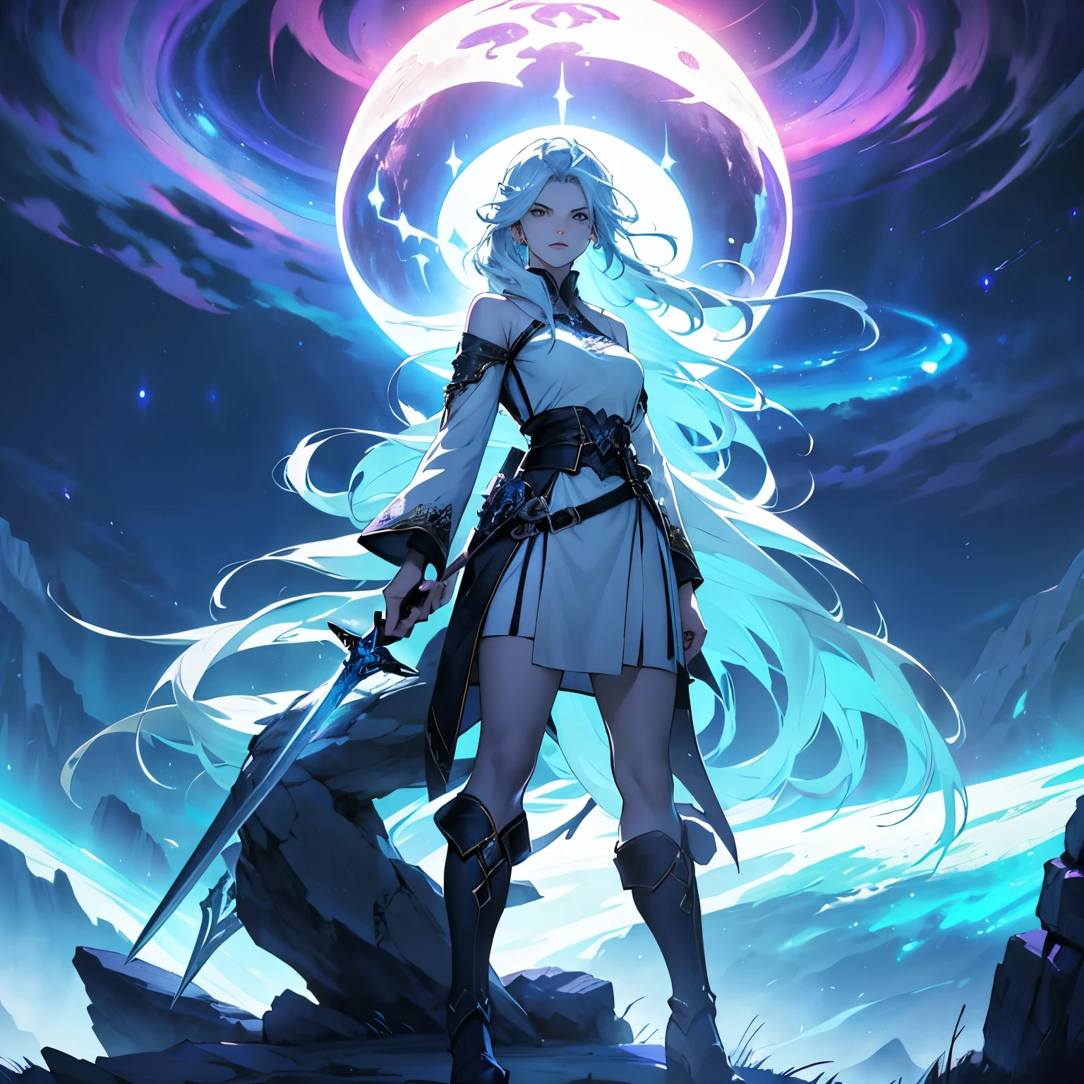 A beautiful woman with long hair stands on a rock. The sword held by the beautiful woman was raised high. The sword shone brightly. The background is dominated by swirling auroras and deep blues and purples, creating a mysterious and dramatic atmosphere. The character's face is serene, with pale skin and striking features. The overall style of the work is reminiscent of the fantasy and supernatural genres.