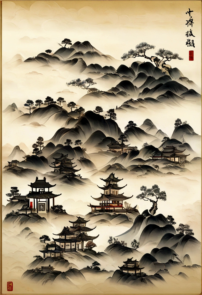 A mountain painting with a river and a village, Chinese painting style, Inspired by Huang Binhong, 传统Chinese Ink Painting, Chinese Ink Painting, Traditional Chinese painting, Traditional Chinese Art, inspired by Zhang Shunzi, Chinese scenery, Chinese Ink Painting, Chinese painting, Inspired by Wang Shishen, inspired by Chang Dai-chien, Gold plated calligraphy on top