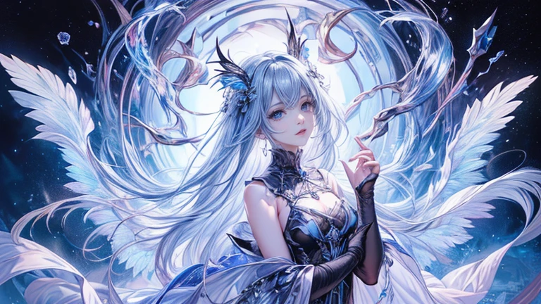 (Highest quality,8k,CG,Beautiful details upper body,,Thumb Girl,Translucent coat dress,Complex facial features,length,Flowing hair,Almond-shaped eyes,Exquisite eye makeup,length fluttering eyelashes,Blinking big eyes,Starry Sky,Exquisite lip detail,Soft and harmonious style)(Top quality), (Super detail), (Hi-res) One cute Tantra dark angel meditation girl, blue eyes, small nose, Black and blue wings, colored inner messy hair, full body Tantra tatto, metallic sexy body stockings, gothic costume, Magic Circle, Elemental, quality, gothic room, UHD, from above