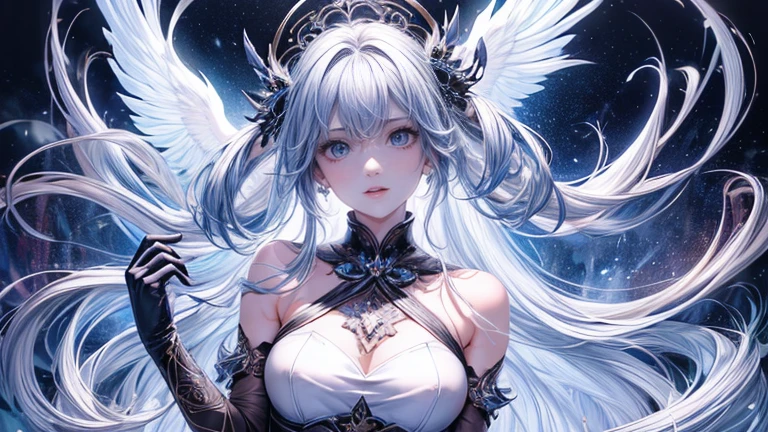(Highest quality,8k,CG,Beautiful details upper body,,Thumb Girl,Translucent coat dress,Complex facial features,length,Flowing hair,Almond-shaped eyes,Exquisite eye makeup,length fluttering eyelashes,Blinking big eyes,Starry Sky,Exquisite lip detail,Soft and harmonious style)(Top quality), (Super detail), (Hi-res) One cute Tantra dark angel meditation girl, blue eyes, small nose, Black and blue wings, colored inner messy hair, full body Tantra tatto, metallic sexy body stockings, gothic costume, Magic Circle, Elemental, quality, gothic room, UHD, from above