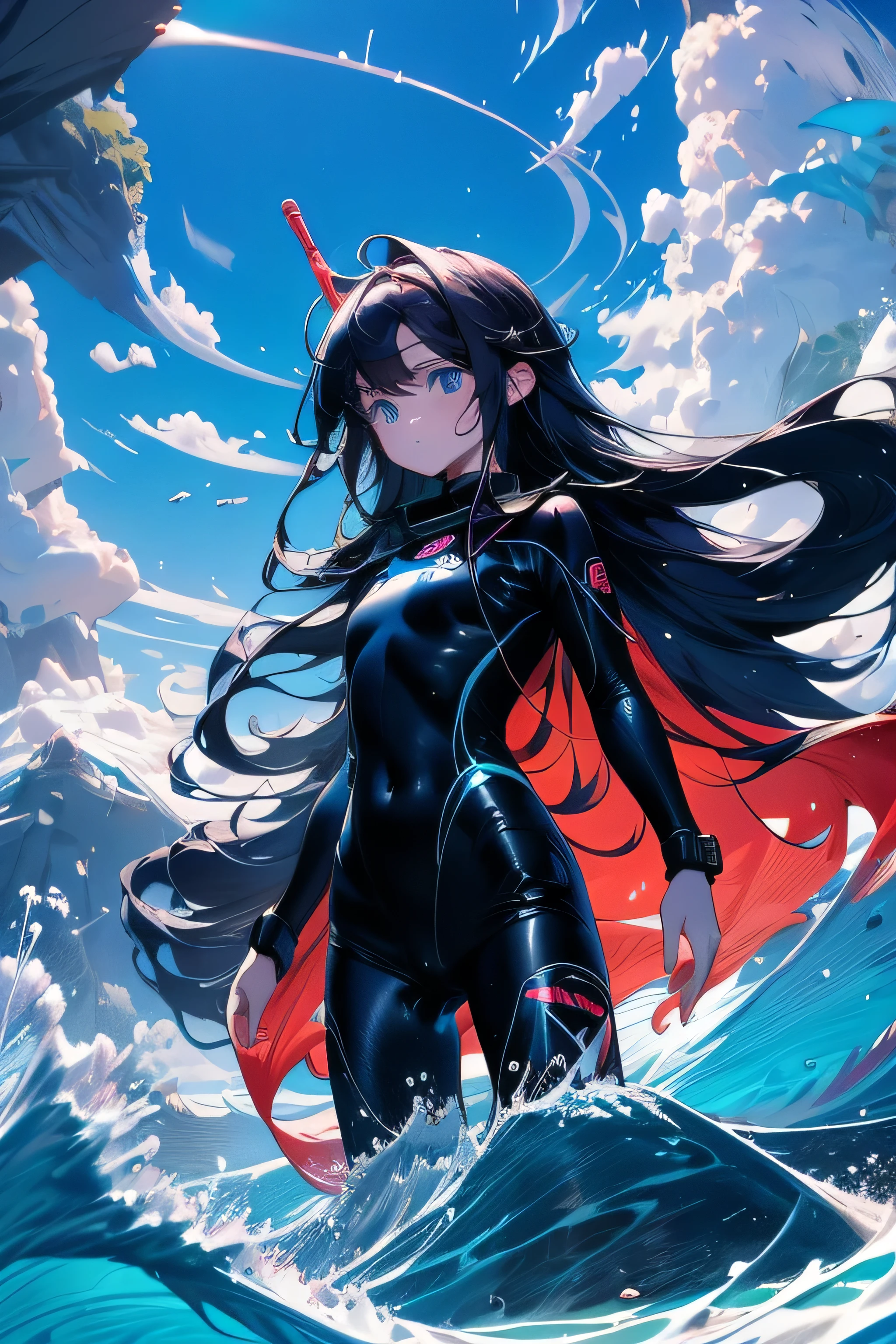 1girl 25 years old, long hair, blue eyes, (standing at edge of water, aquatic surroundings, coral reef:0.9), wearing (wetsuit, snorkeling gear), holding (submarine exploration equipment), (advanced sonar device, underwater flashlight), looking at viewer, (determined expression), (wet hair, water drips on face:0.9), ((semiformal attire)), pale skin, ((high contrast)), 100 cm, (body type: athletic), 22 inches:0.7.25