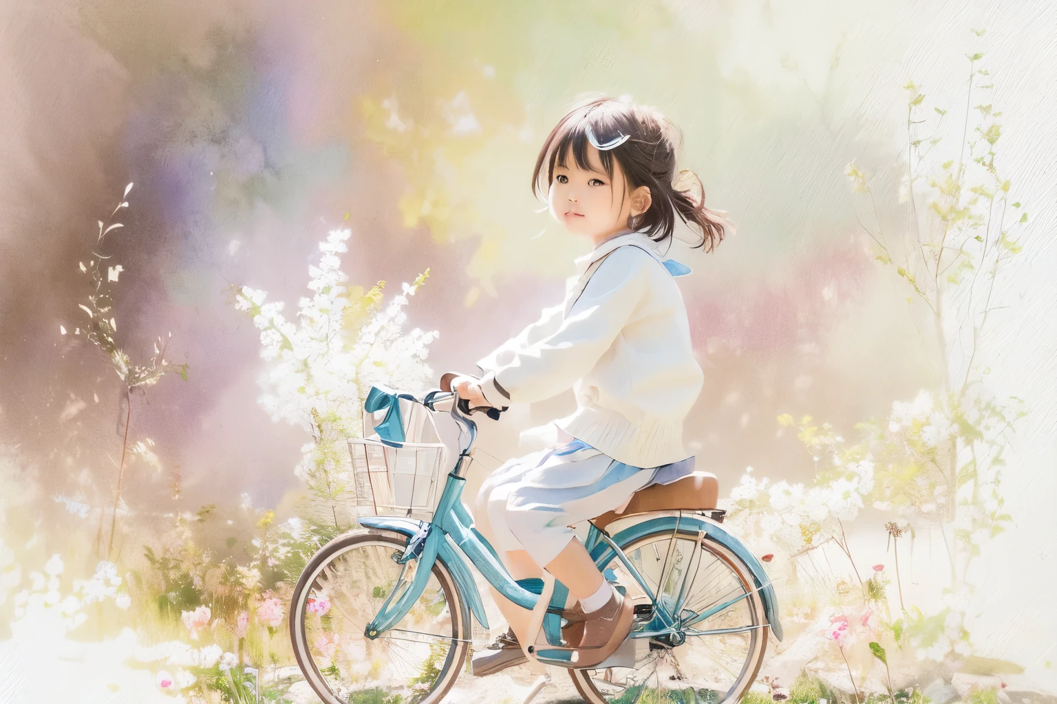 (Highest quality、masterpiece)、(5 year old girl riding a bicycle)、(Helping Dad:1.4)、(Children's bicycles、whole)、(From the side)、(Cute face)、short hair、White clothes、shoes、(No background)、White Background、Blur the background、(Watercolor of singer Sargent)、Impressionist style painting、