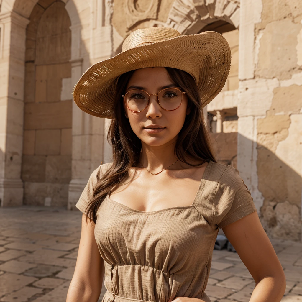 Dame mas imagenes de la mujer, en el coliseo de Roma, con gafas de sol, con sombrero, con vestido de escote rojo