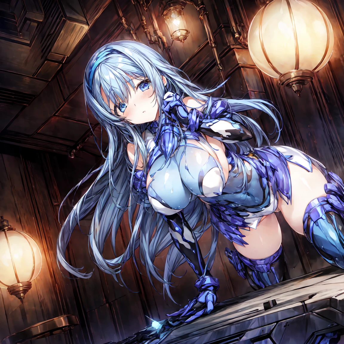 masterpiece, Highest quality, Anime Style,Official Art Beautiful Lighting, 1 girl, bangs, Inside a futuristic base, whole body, Blue and white outfit, 