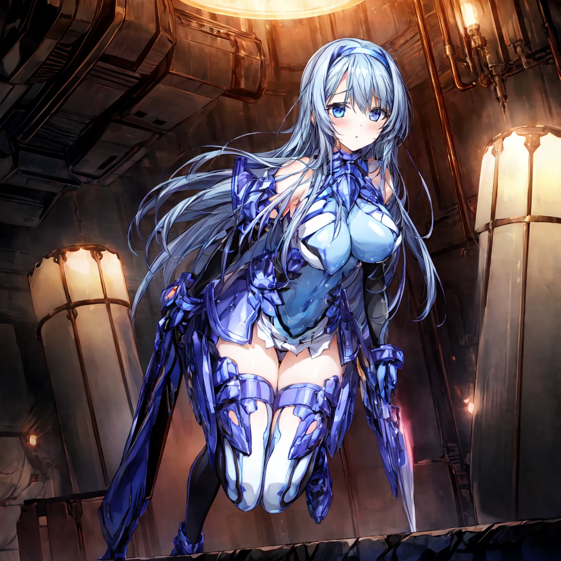 masterpiece, Highest quality, Anime Style,Official Art Beautiful Lighting, 1 girl, bangs, Inside a futuristic base, whole body, Blue and white outfit,