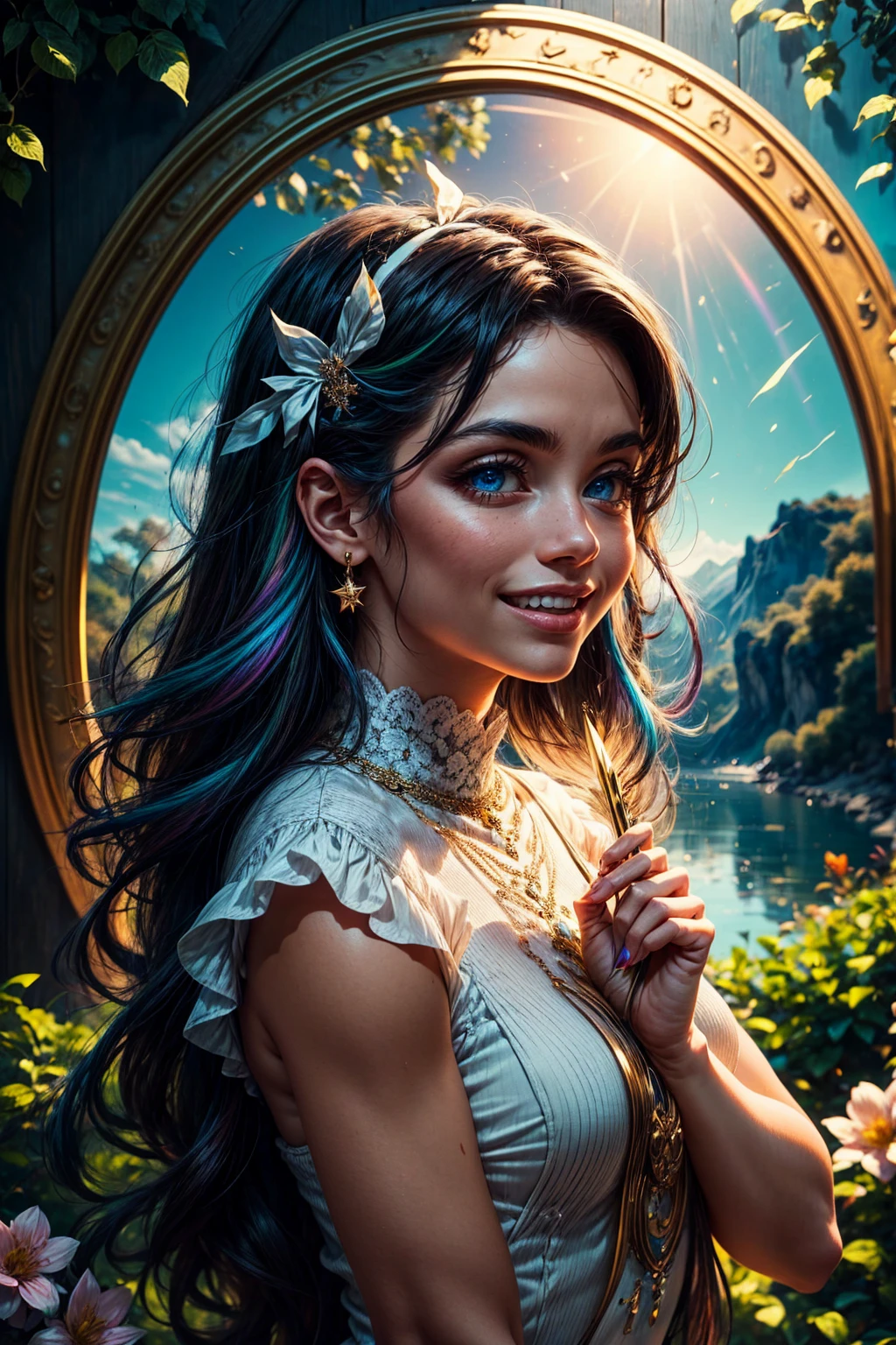 Tia mostra ter uma figura bastante esguia. Ela tem cabelo branco-acinzentado , ela tem cabelo curto e grandes olhos verdes claros, A beautiful and happy young woman represents Sagittarius. The girl wears bright and colorful clothes like a rainbow, destacando sua personalidade alegre e alegre. Her hair is long and colored in different colors, just like the colors of the rainbow. A has charming eyes that emanate a glow of hope and joy. Your face is light and radiant with a smile that reflects your happiness and love for life. In her hands she holds a bow and arrow, symbolizing your Sagittarius nature. O arco a envolve com pesadelos brilhantes e estrelas brilhantes, indicating ambition and passion to explore the world and achieve your dreams. She is surrounded by beautiful nature, with trees and flowers in various bright colors appearing near her, reflecting his deep connection with nature and his desire to explore adventures and communicate with the world around him., decote exposto, Seios grandes, Qualidade superior, Muitos detalhes, Sharp and realistic Puri focus