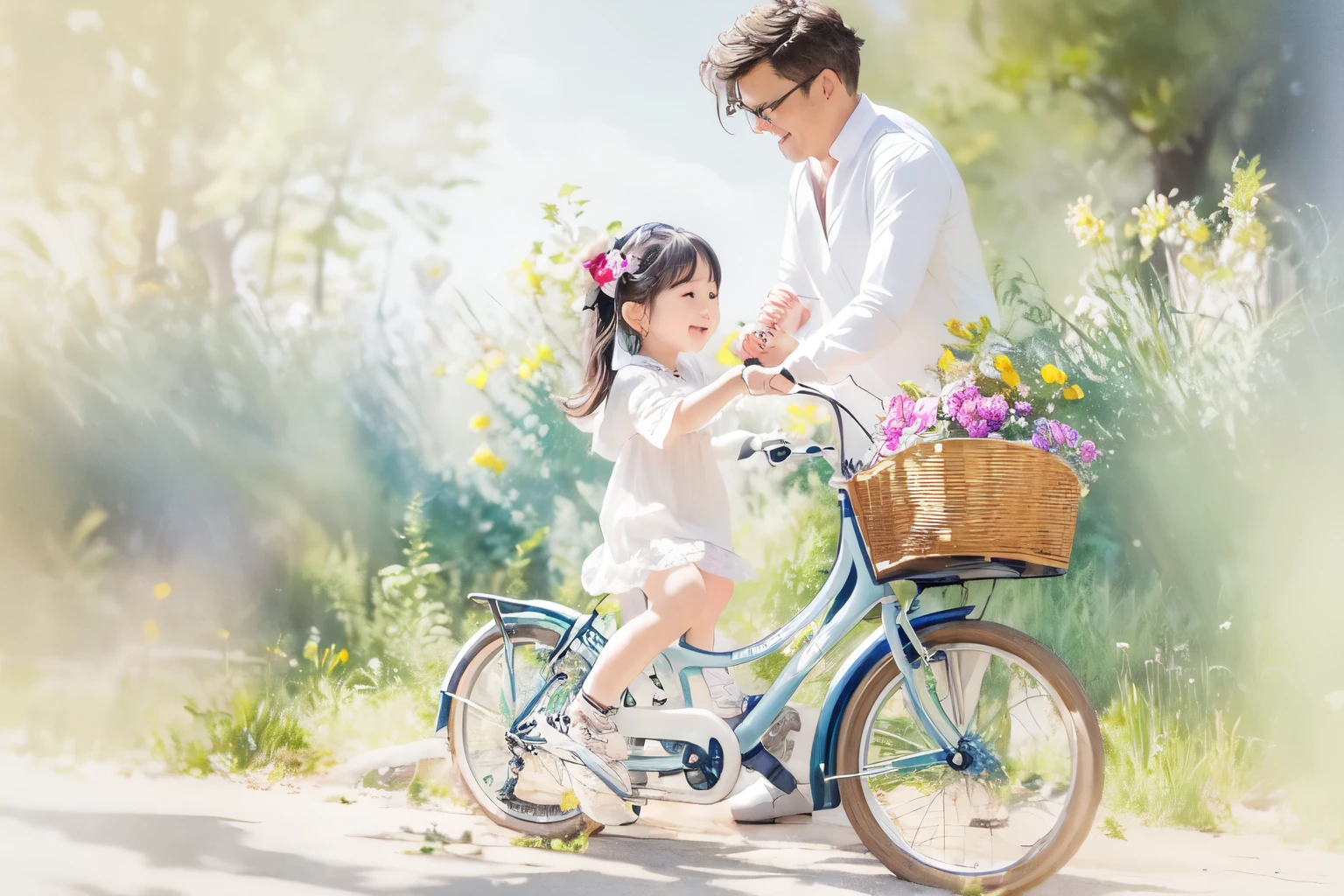 (Highest quality、masterpiece)、(5 year old girl riding a bicycle)、(Helping Dad:1.4)、(Children's bicycles、whole)、(From the side)、(Cute face)、short hair、White clothes、shoes、(No background)、White Background、Blur the background、(Watercolor of singer Sargent)、Impressionist style painting、