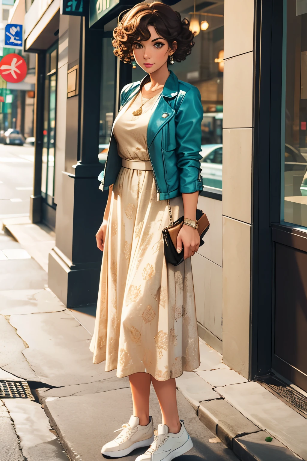 Curly short hair, maxi brocade dress teal, beige jacket, beige sneakers