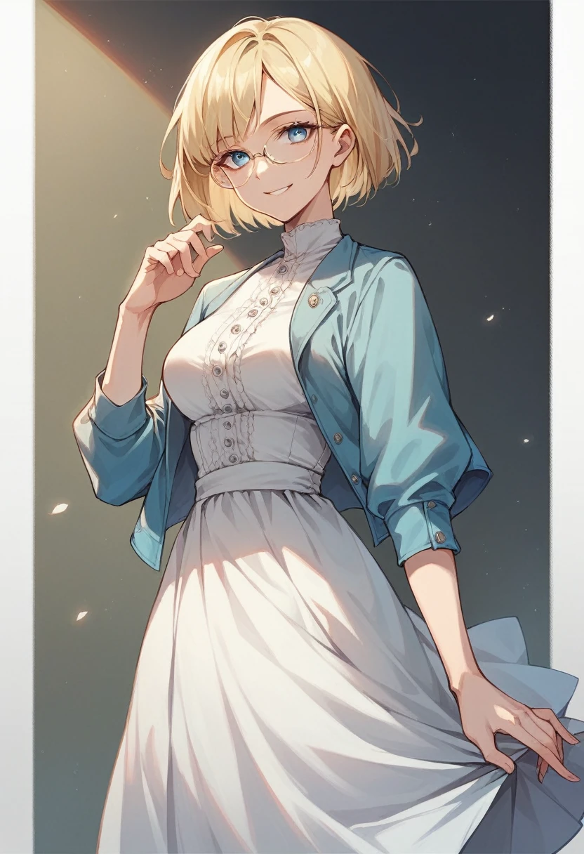 beautiful woman, solo, full-bodied, standing, medium bob cut blonde hair, light blue eyes, two points glasses, medium breasts, blue opened jacket, white blouse, white long flare skirt, blue pumps, soft smile, perfect hands with 5 fingers,