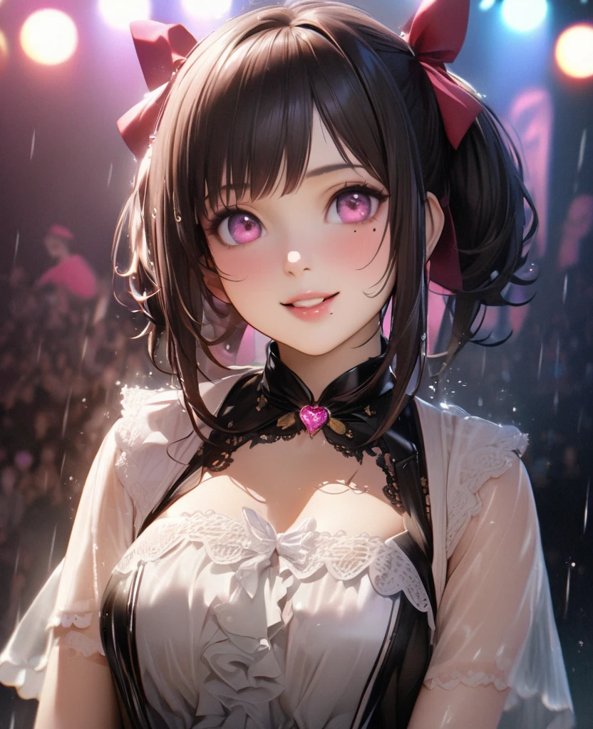 One Girl、Looking at the audience、lovely,
Beautiful pink eyes、short twin tail hair , Mole under the eye、Plump and glossy lips、Heart-shaped choca、Idol、Her name is Rico,smile、ー、。.。.。.。.。.。.。.。.。.。.。.。.。.。.。.。.。.。.3D、Realistic、
The idol's costume was soaked in the heavy rain, and her chest was wet and transparent.Heavy rain at outdoor concert, Drape clothes、gem、The decoration has been removed、Floral、Lace trim,On a glittering stage、
masterpiece、highest quality、8k、Detailed skin texture、Detailed cloth texture、Beautifully detailed face、Intricate details、Very detailed、
超A high resolution、8k Ultra HD、Film Grain、Best Shadow、delicate、Gazing at the audience、front