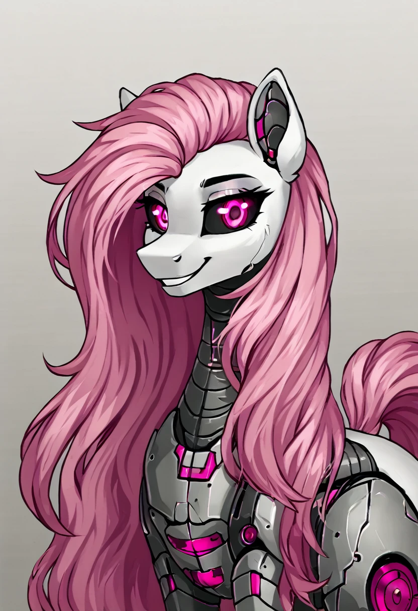 Earth pony, white and pink mane ,pink  cybernetic eyes, cybernetic body,black sclera ,white fur long mane ,pony smiling ,sexy pink lingerie 