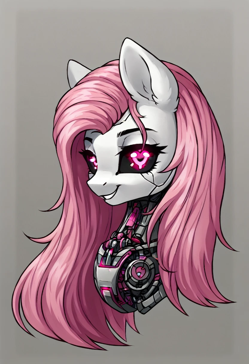 Earth pony, white and pink mane ,pink cybernetic eyes, cybernetic body,black sclera ,white fur long mane ,pony smiling ,sexy pink lingerie
