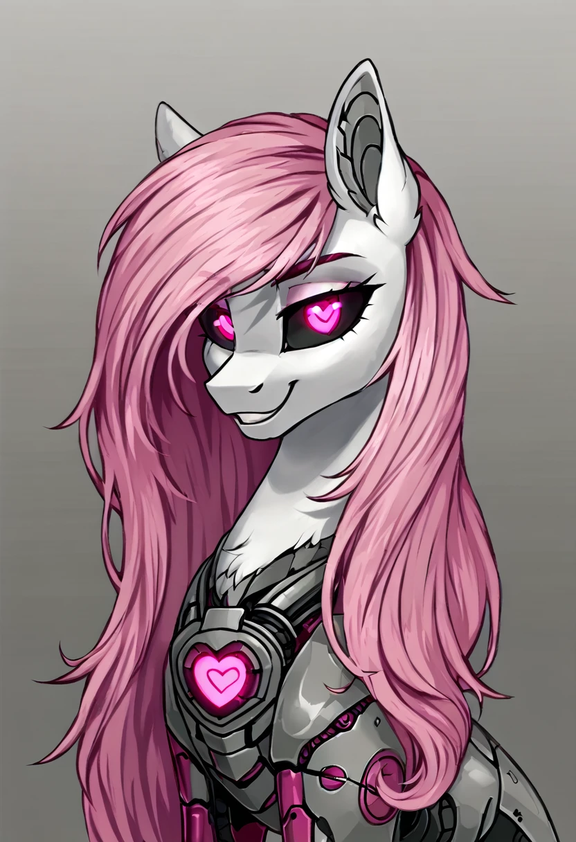 Earth pony, white and pink mane ,pink  cybernetic eyes, cybernetic body,black sclera ,white fur long mane ,pony smiling ,sexy pink lingerie 