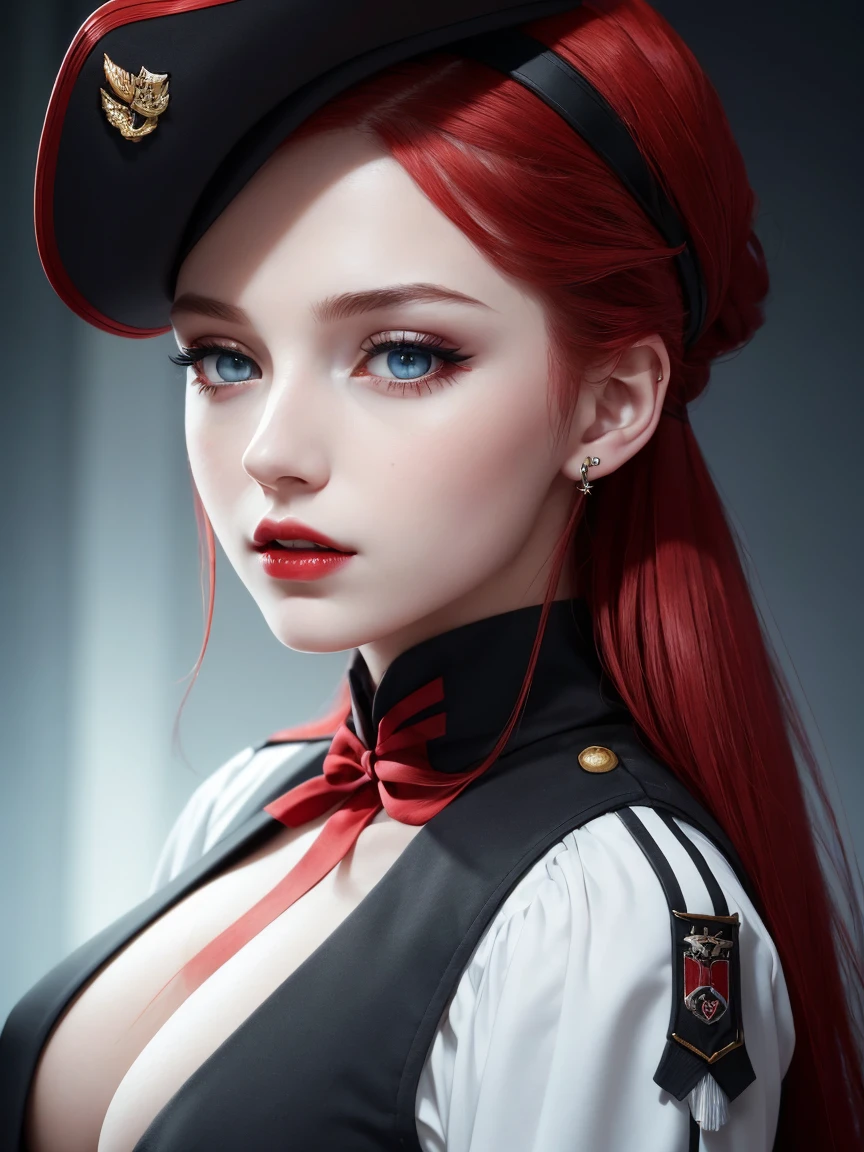 1 beautiful woman, 20 years old, long red hair (tied), pale white skin (very detailed), bright blue eyes (vampire eyes), perfect body, makeup, red lips, earrings, black and red military officer uniform, tie black, black and red military officer cap, detailed light, illustration, depth of field (best quality), (background blur: 0.6), beautiful and soft lighting, (front light: 1.5), (ultra resolution high, best quality), (8k), best quality, masterpiece), technological sense, best quality, masterpiece, illustration, official art, incredibly fine details, extremely delicate and beautiful, extremely detailed, highly detailed, sharp focus, background rich, (real person, photograph), ((very detailed skin)),