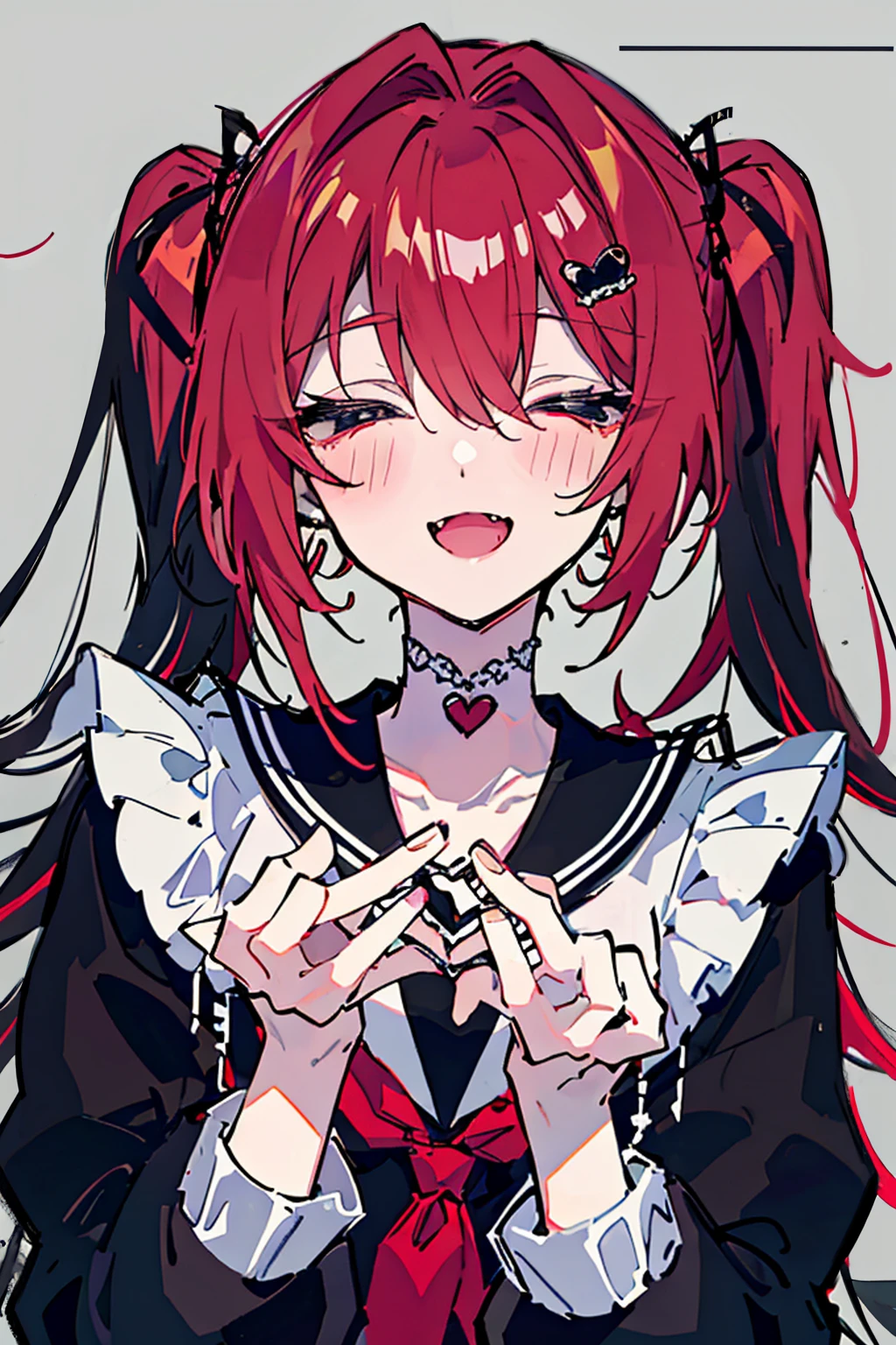 an anime girl is dressed in all black and has a heart in her hair, 1girl, multicolored hair, solo, closed eyes, red hair, long hair, twintails, black sailor collar, black hair, smile, sailor collar, jacket, open mouth, hair ornament, fang, long sleeves, heart, blush