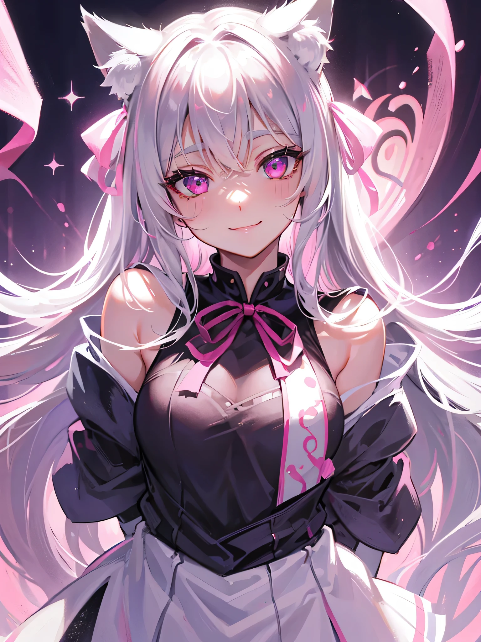 Highly detailed face,fine grain,Highlighted eyes, medium breasts ,pretty girl, smile shyly,Cat ear,Beautiful silver hair,Pink inside,Beautiful pink eyes,shiny skin, beautiful shadow,White sailor uniform,ribbon, I want to send a letter to you
