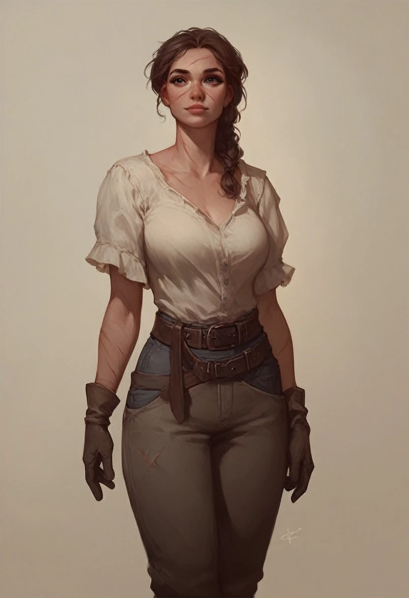 score_9_up,score_8_up,score_7_up,score_6_up,rating_safe,(dark,chiaroscuro,low light),solo,gloves,1girl,female farmer, (rags:1.1),standing,belt,facing viewer, large breasts, wide hips, beautiful, cute, loose clothes, scars,
