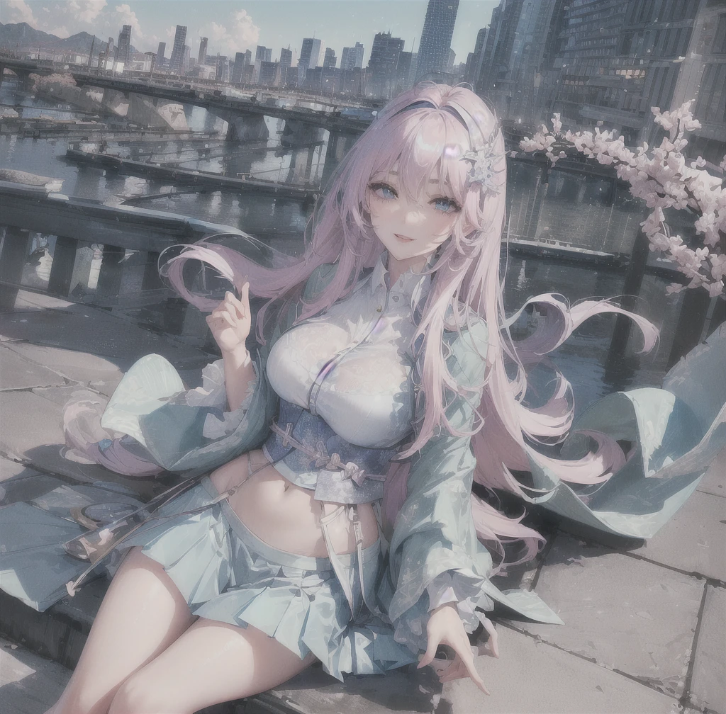 official art, masterpiece, sharp focus, (beautiful gorgeous cute Korean woman:1.3), (beautiful cute korean:1.3), korean beauty, Delicate and beautiful hair and eyes and face, realistic, ultra detailed, beautiful girl, blue sky, glow white particle, (sidelighting:1.2), sun light, white cloud, detailed clouds, slender, Lovely very large breasts and very large hips, smile with teeth, ((smile with eyes, open both eyes)), scenery, long straight hair, sexy facial expression, building, (cityscape:1.7), dynamic hair, long straight hair, detailed platinum pink hair, glow blue eyes, (blue pleated shirts + white skirt), white long socks, pale skin, hair ornament, epic scenery,