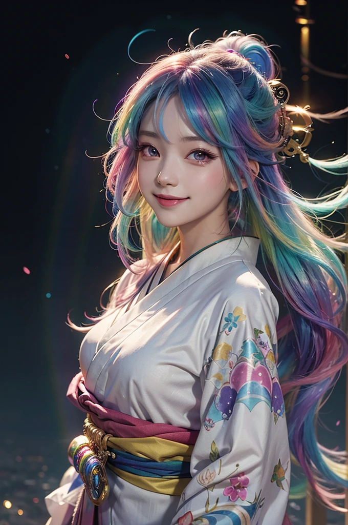 A girl with long rainbow hair, glowing rainbow eyes and an adorable smile wearing kimono, detailed anime style, fantasy illustration art, shiny glossy colorful lighting, glittery skin, glowing neon color palette, cute face