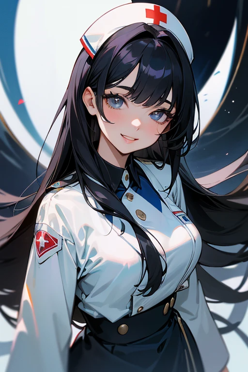 (Highest Resolution, clear_image) Highest quality, One Woman, alone, masterpiece, Very detailed, Semi-realistic, Black Hairのショートヘア, Black Hair, bangs, 18-year-old, mature, light blue uniform, uniform, 私ndoor Background, kind, Authoritative, Powerful, exquisite features, exquisite features、Eyelashes become longer、Showing teeth、smile😀、White nurse uniform、Long Hair、