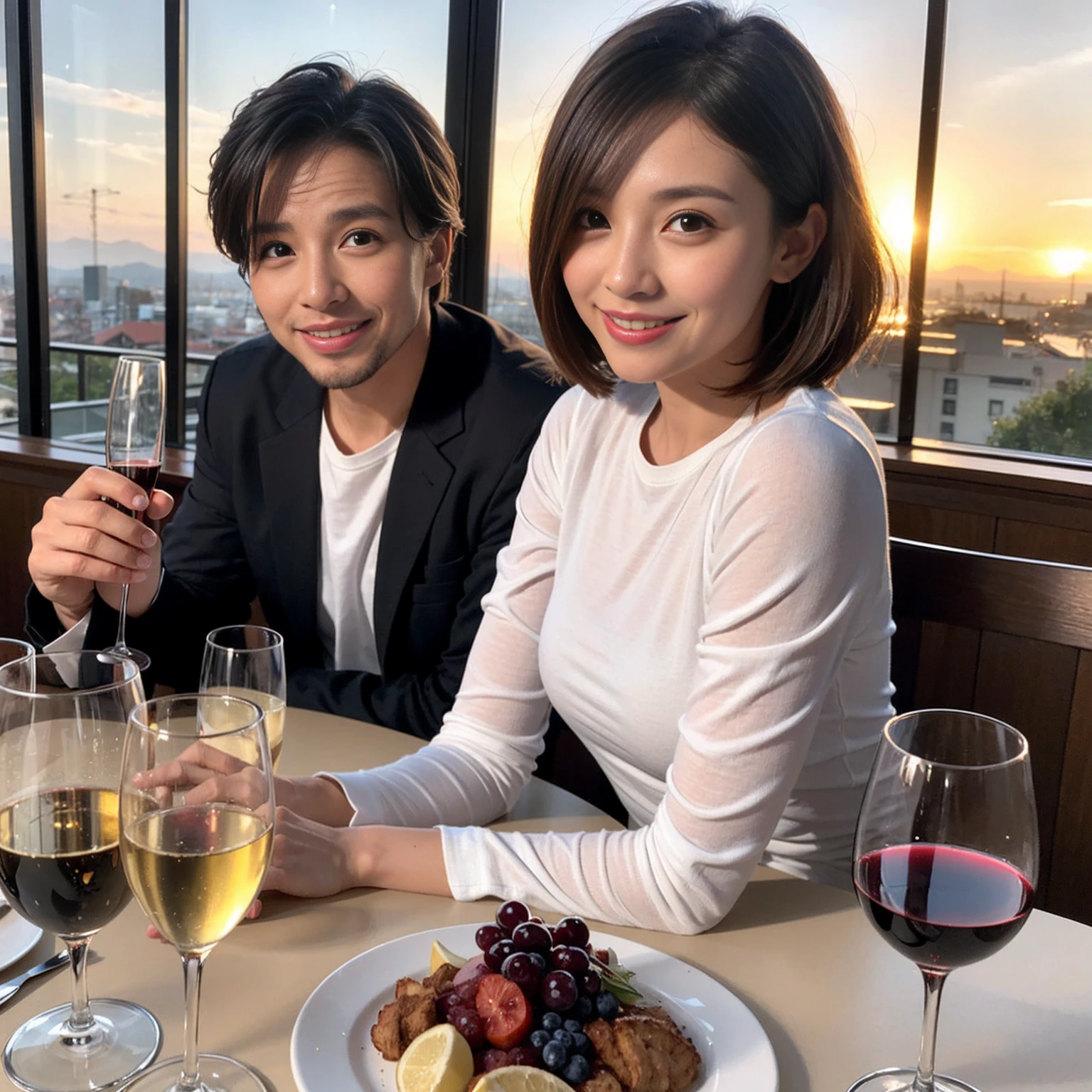 ((Highest quality、8k、masterpiece:1.3))、 (Genuineistic, Genuine、Bright image、Intricate details:1.2), Best smile 1 man 1 woman、Beautiful Couple、spouse、Couple、spouse、Beautiful Couple、Smile、A full-course dinner with a full table、テーブルにwine glass、 (Slim face), (The body is slim), (Brown Hair), (short hair), Please shine a light on my face、 Amazing view of the sunset sky and clouds、 (age 34), 39 years old, red wine 、Wine bottle、sparkling wine、Long sleeve shirt、dress、White wine, red wine, wine glass, 