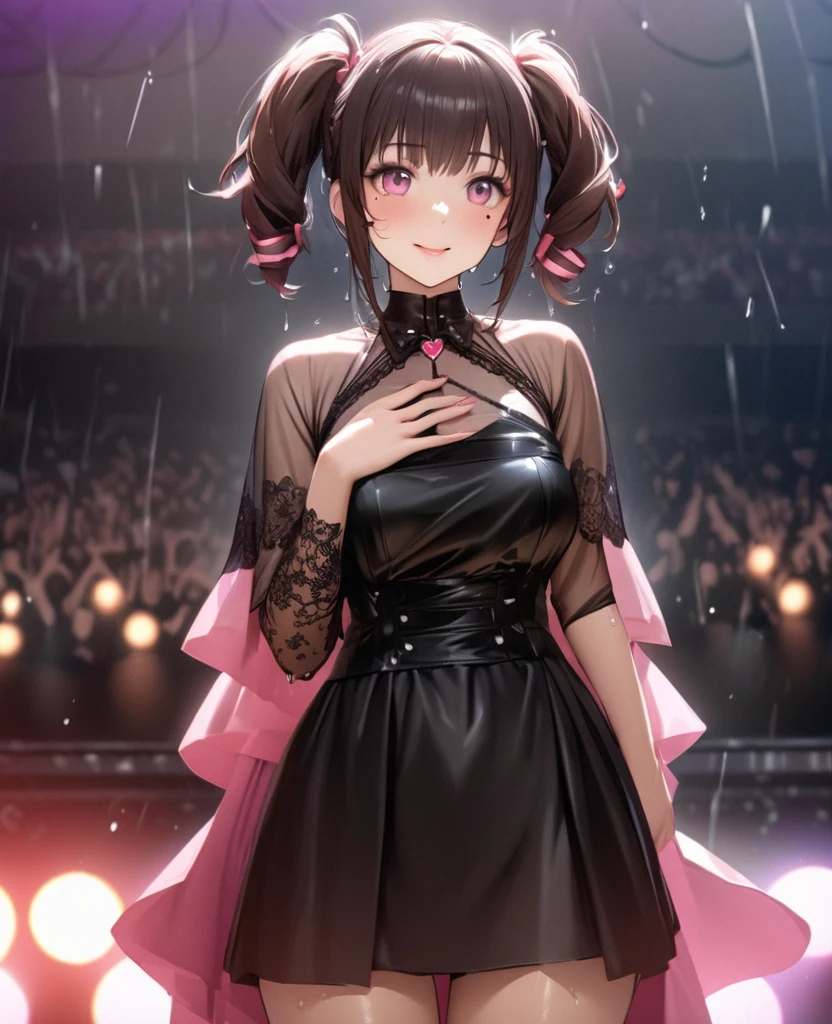 One Girl、Looking at the audience、lovely,
Beautiful pink eyes、short twin tail hair , Mole under the eye、Plump and glossy lips、Heart-shaped choca、Idol、Her name is Rico,smile、ー、。.。.。.。.。.。.。.。.。.。.。.。.。.。.。.。.。.。.3D、Realistic、
The idol's costume was soaked in the heavy rain, and her chest was wet and transparent.Heavy rain at outdoor concert, Drape clothes、gem、The decoration has been removed、Floral、Lace trim,On a glittering stage、
masterpiece、highest quality、8k、Detailed skin texture、Detailed cloth texture、Beautifully detailed face、Intricate details、Very detailed、
超A high resolution、8k Ultra HD、Film Grain、Best Shadow、delicate、Gazing at the audience、front