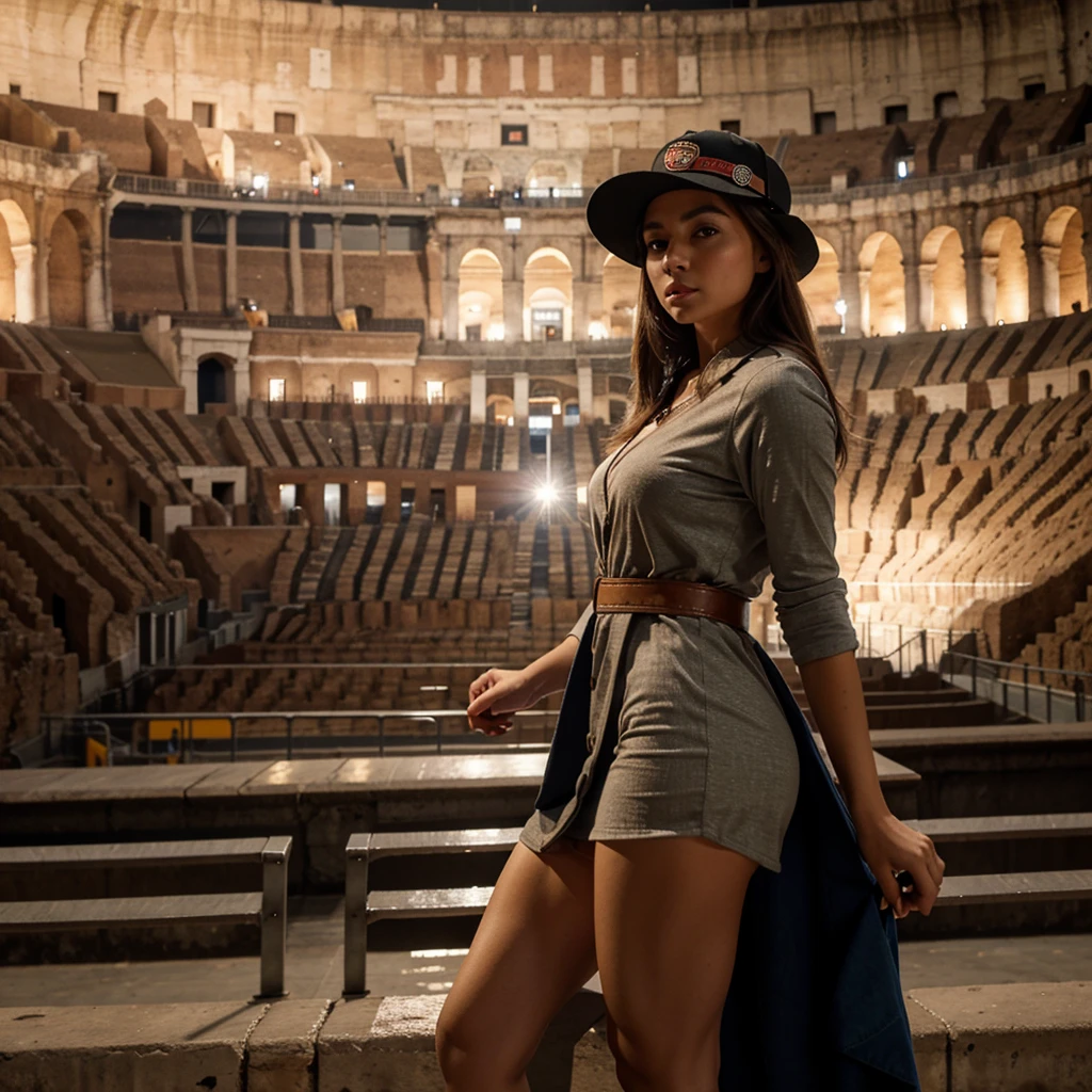 Dame mas imagenes de la mujer, en el coliseo de Roma, con gorra, con vestido de escote