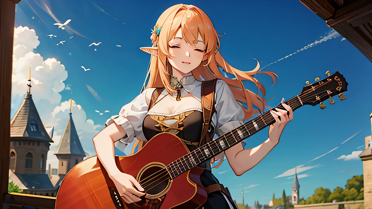 Anime Style,middle ages,A lively bar with lots of people,Beautiful sky,Beautiful bard elf girl with closed eyes,guitar