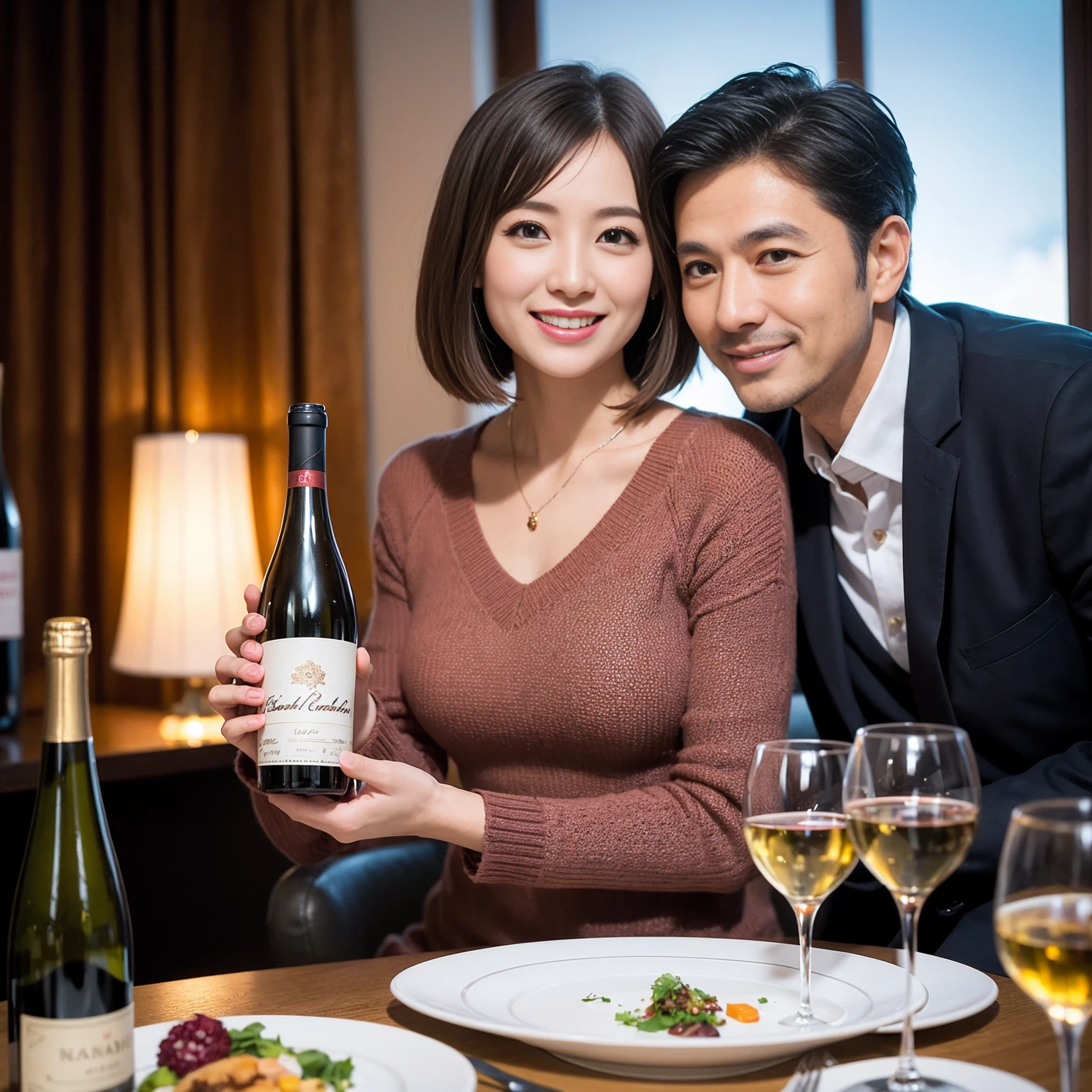 ((Highest quality、8k、masterpiece:1.3))、 (Genuineistic, Genuine、Bright image、Intricate details:1.2), Best smile 1 man 1 woman、Beautiful Couple、spouse、Couple、spouse、Beautiful Couple、Smile、A full-course dinner with a full table、テーブルにwine glass、 (Slim face), (The body is slim), (Brown Hair), (short hair), Please shine a light on my face、 Amazing view of the sunset sky and clouds、 (Age 42), 39 years old, red wine 、Wine bottle、sparkling wine、Long sleeve shirt、dress、White wine, red wine, wine glass,