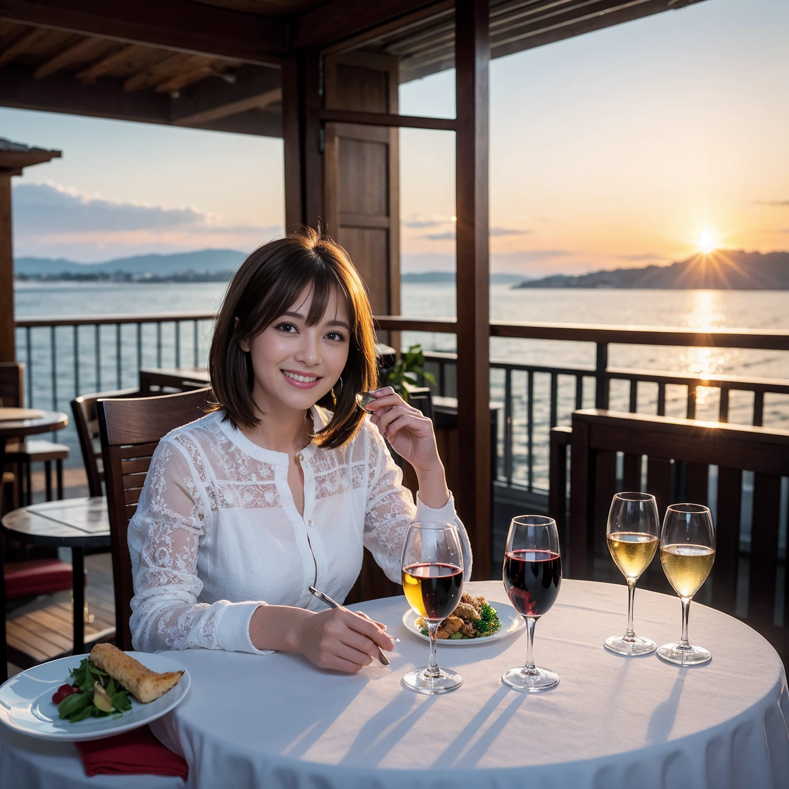 ((Highest quality、8k、masterpiece:1.3))、 (Genuineistic, Genuine、Bright image、Intricate details:1.2), Best smile 1 man 1 woman、Beautiful Couple、spouse、Couple、spouse、Beautiful Couple、Smile、A full-course dinner with a full table、テーブルにwine glass、 (Slim face), (The body is slim), (Brown Hair), (short hair), Please shine a light on my face、 Amazing view of the sunset sky and clouds、 (Age 42), 39 years old, red wine 、Wine bottle、sparkling wine、Long sleeve shirt、dress、White wine, red wine, wine glass,