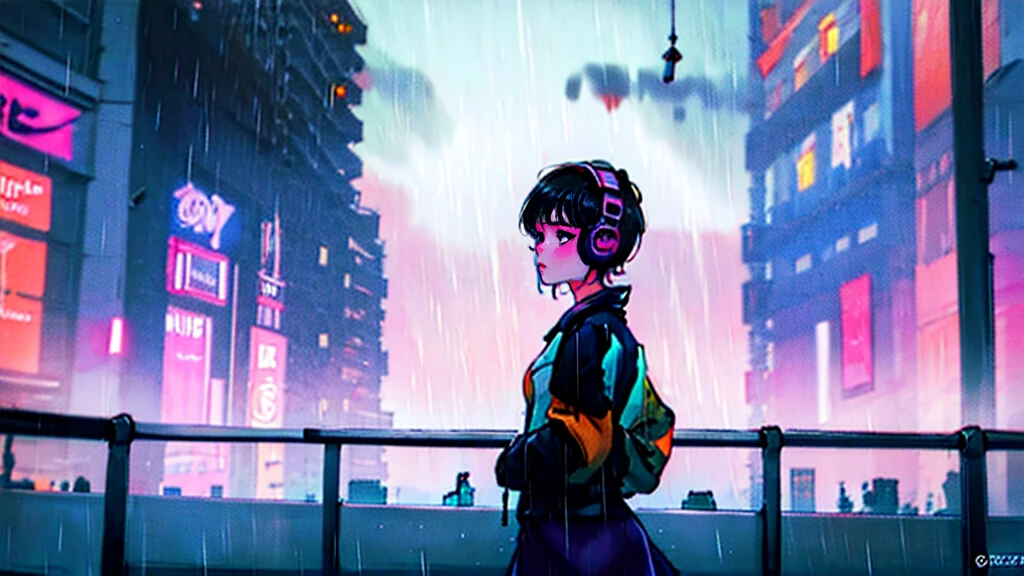 Black short Hair, night, black jacket, One Woman, Headphones、Cyberpunk City、neon、Detailed cityscape、rain